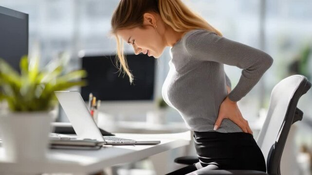 Workplace Discomfort: A young professional woman experiences lower back pain while working in a modern office setting, highlighting the challenges of prolonged desk work.