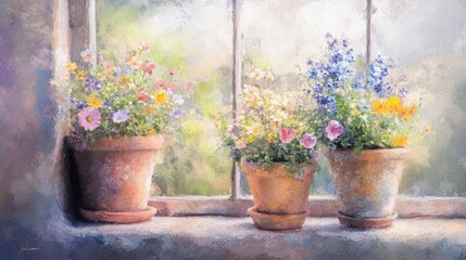 Colorful flower pots on a windowsill in soft light.