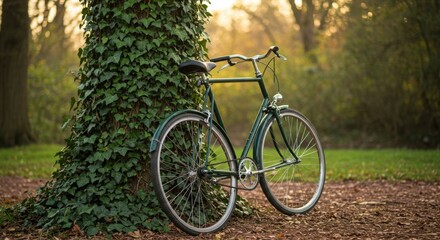 Fototapeta premium Bicycle Leaning on Ivy Covered Tree Sustainable Transport