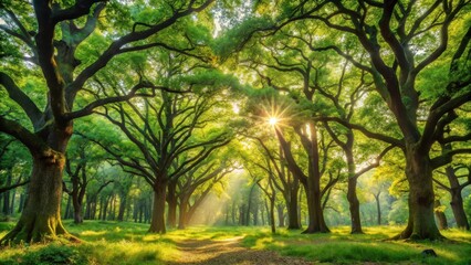Dense forest of deciduous oak trees with sunlight filtering through leaves, deciduous, woodland,  deciduous, woodland