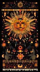 Bold sun motif, detailed with intricate design elements,  featuring  various colors and textures, on a dark background.  Symbols of stars, moons,  and celestial objects adorn the piece