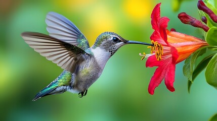 Hummingbird hovering and feeding on a vibrant red flower