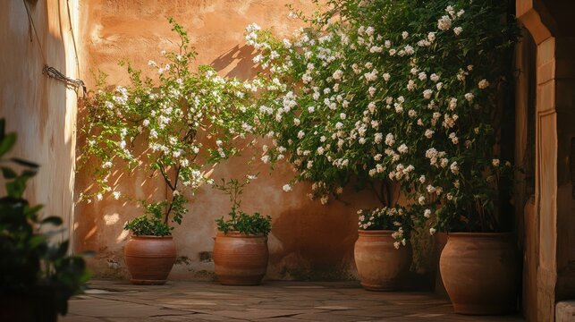 Sunlight-drenched courtyard filled with flowering bushes.