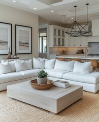 Modern living room, sectional sofa, kitchen view, natural light, coastal design, home decor