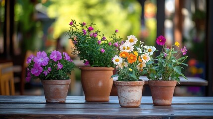 Colorful potted plants arranged on a wooden surface.