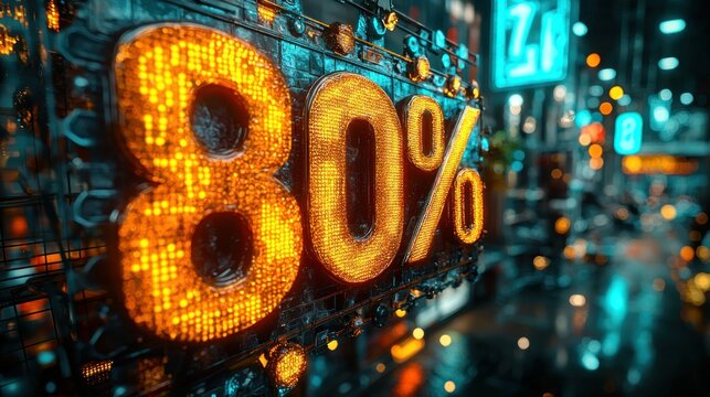 80% off, neon sign in a futuristic city - Powered by Adobe