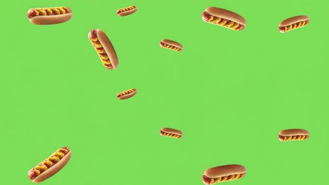Hot Dog Rain: An animated depiction of a whimsical and abundant downpour of appetizing hot dogs against a vibrant green background. This scene is perfect for food-themed projects and concepts.