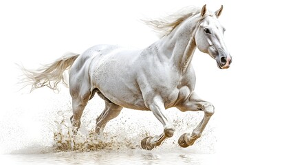 Fototapeta premium Majestic white horse galloping through a field of water