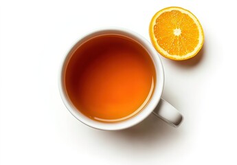 Top-view white cup with orange foamy drink on speckled surface.