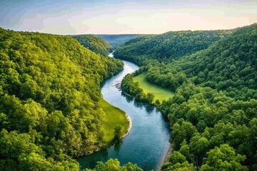 Scenic river winding through lush green valley.  Dense forests meet open meadows bordering a tranquil waterway.  Elevated view showcasing natural beauty