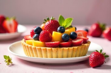 Colorful fruit tart with berries and mango on white plate