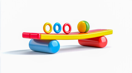 Olorful seesaw with rings and toys on it, white background