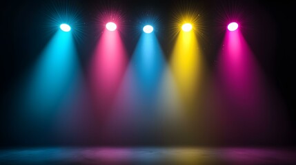 Five spotlights illuminate a dark stage with cyan, pink, blue, yellow, and magenta beams, creating a vibrant and dramatic backdrop.