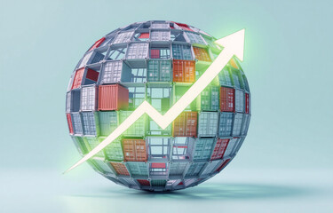 Global trade visualized as a sphere of shipping containers with an upward trending arrow, symbolizing growth and economic expansion.