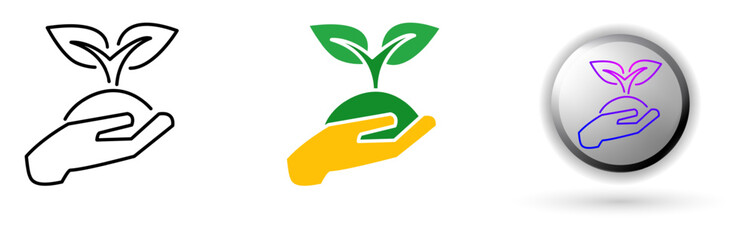 Environmental icon collection depicts environmental balance and renewable energy. This design has three style variations, black outline, colored flat design, and modern gradient button icons.