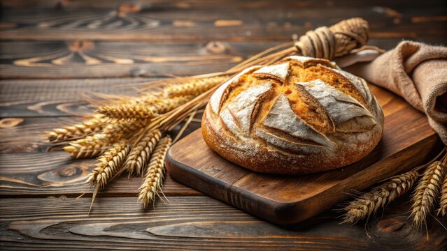 Freshly baked sourdough bread on a wooden board with wheat and rye spikelets, warm lighting, natural colors