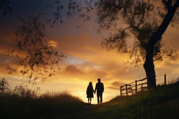 Romantic couple silhouette at sunset holding hands, soft glow and golden sky
