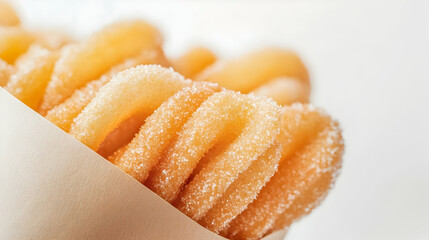 Close-up of sugar-dusted churros in a paper cone