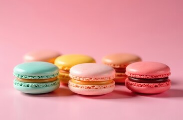 Fototapeta premium Colorful pastel macarons on pink background dessert variety