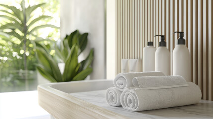 Luxurious spa setting with neatly arranged white towels, elegant bottles, and lush greenery in background, creating serene atmosphere