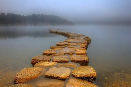 Serene stone path winding through misty lake.  A pathway of large, light-brown stones curves gently across calm water to a hazy shoreline. Tranquil atmosphere - Powered by Adobe