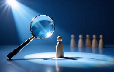 A magnifying glass illuminates a single wooden figure, set apart from a group, suggesting selection or scrutiny.  The scene is dramatic, highlighting individual assessment.