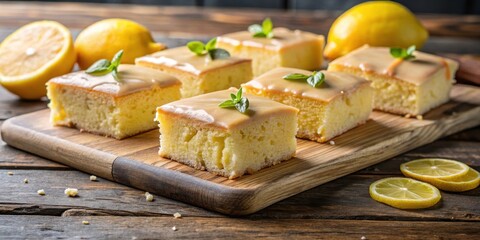 Homemade lemon brownies with a citrusy lemon glaze and zest on a rustic cutting board, glaze, treat,  glaze, treat, citrus