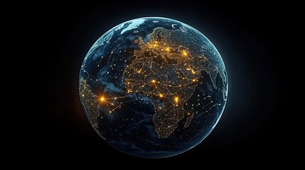HD Earth view from space with city lights and glowing network connections.
