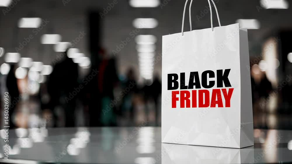Poster black friday shopping bag resting on reflective surface with blurred shoppers moving through busy re