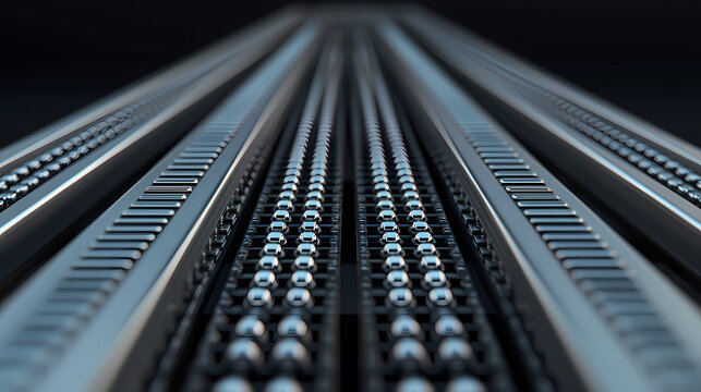 Futuristic metallic rails with ball bearings arranged in parallel rows, suggesting advanced technology or machinery.