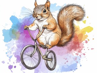 Vibrant pop art of a playful squirrel riding a unicycle on a rainbow tightrope with a lively circus scene in the background capturing a sense of imagination adventure and pure delight