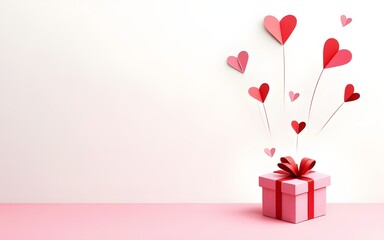 Mother's day postcard with paper flying elements and gift box on white sky background. Vector symbols of love in shape of heart for greeting card design. High quality