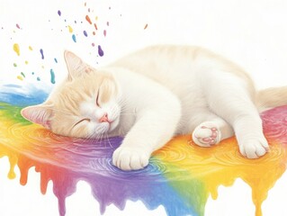 cat painting its own reflection in a pool of vibrant colorful paint with splatters and splashes surrounding it in a whimsical pop art style