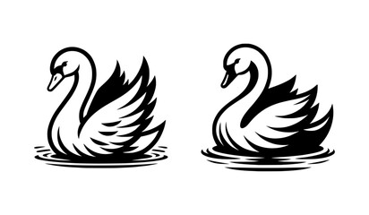 Obraz premium Black and white swan vector illustrations, isolated against a white background.