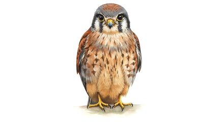 Naklejka premium A watercolor illustration of an American Kestrel bird, with expressive eyes, on a white background