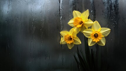 Yellow daffodils seen through a rainy window.