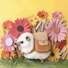 An adorable hedgehog wearing a tiny backpack  wandering through a surreal garden filled with oversized book shaped flowers in a whimsical  pop art inspired