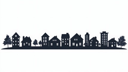 Suburban street silhouette with small city houses and residences