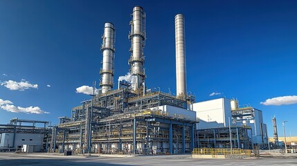 Petrochemical plant with tall chimneys and complex pipelines under blue sky.