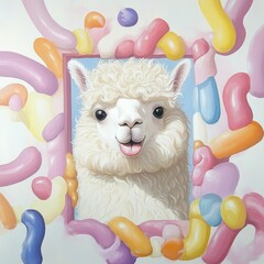 A fluffy  adorable alpaca peeking curiously through a whimsical window made of vibrant  candy inspired shapes and patterns  set against a backdrop of colorful  abstract geometric forms and playful
