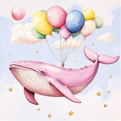 Whimsical and colorful pop art depicting a pastel colored whale swimming through a sky filled with vibrant balloons and fluffy star dotted clouds