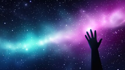 Silhouette of a hand reaching for a vibrant nebula in a starry night sky.