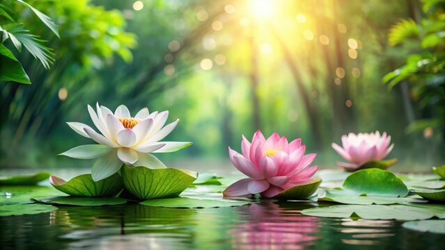 Relaxing atmosphere with lotus flowers and greenery in a serene natural setting