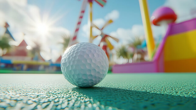 Mini Golf Ball Resting on Green Surface with Amusement Park Background