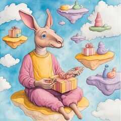 A cheerful kangaroo character delivering brightly wrapped gifts in a fantastical dreamscape setting