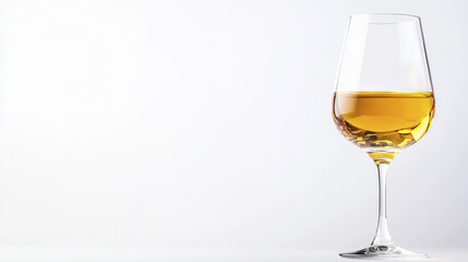 Clear wine glass filled with golden liquid stands elegantly against minimalist background, evoking sense of sophistication and relaxation