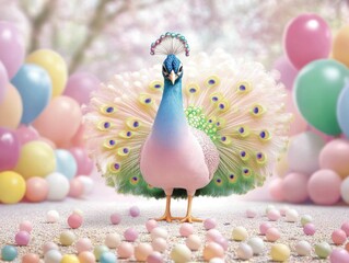 An enchanting peacock with jewel like iridescent feathers standing amidst a vibrant candy colored fantasy forest backdrop filled with whimsical balloons and floral elements