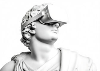 e Meets Virtual Reality: A marble statue of a classical figure gazes upwards, adorned with a modern VR headset isolated on white background PNG