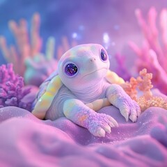 A whimsical and colorful pop art style image of a cute turtle with a tie dyed shell exploring an underwater world filled with bright coral luminous creatures and a serene dreamlike atmosphere