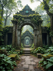 Ancient temple ruins overgrown with vines and moss, overgrowth, nature,  overgrowth